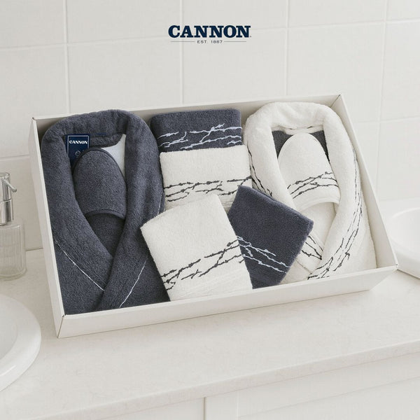CANNON 100% COTTON BATHROBE SET 12 PIECES EMBROIDERY WHITE & NAVY