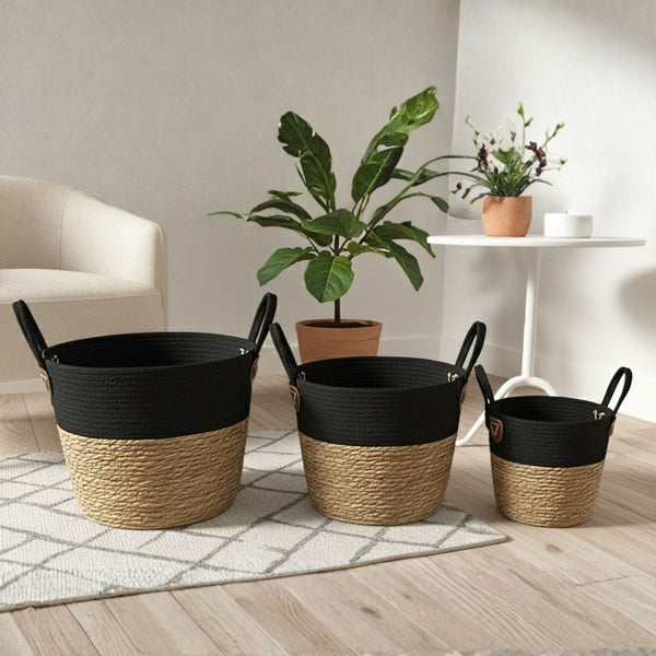 COTTON ROPE ROUND BASKET SET WITH HANDLES BLACK