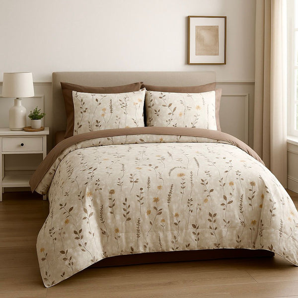 COMFYB 100% COTTON REVERSIBLE BED SET WILD FLOWER BROWN