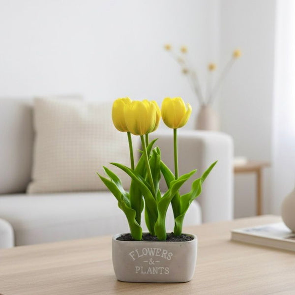 ARTIFICIAL POTTED FLOWERING PLANT TULIP YELLOW