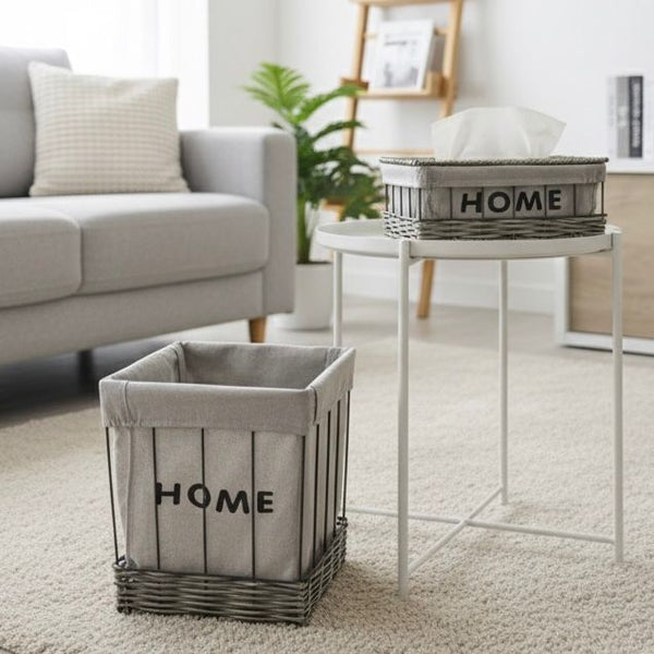 HOME FABRIC-LINED BASKET & TISSUE BOX SET 2 PIECES SQUARE GREY