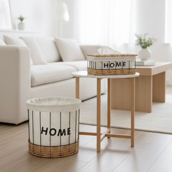 HOME FABRIC-LINED BASKET & TISSUE BOX SET 2 PIECES ROUND WHITE