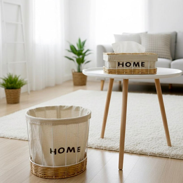 HOME FABRIC-LINED BASKET & TISSUE BOX SET 2 PIECES OVAL BEIGE