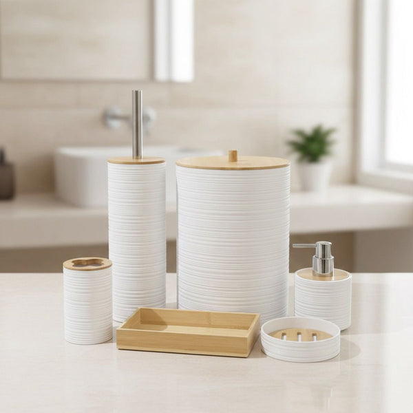 PANSY BATHROOM SET 6 PIECES WHITE WITH BAMBOO