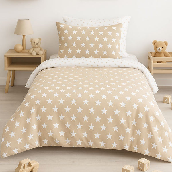 COMFYB 100% COTTON REVERSIBLE BIG STAR BED SET 4 PIECES BEIGE