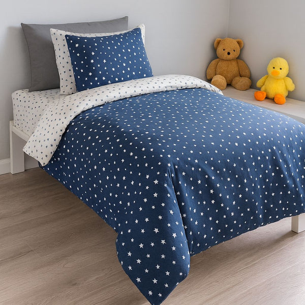 COMFYB 100% COTTON STARS REVERSIBLE BED SET 4 PIECES NAVY