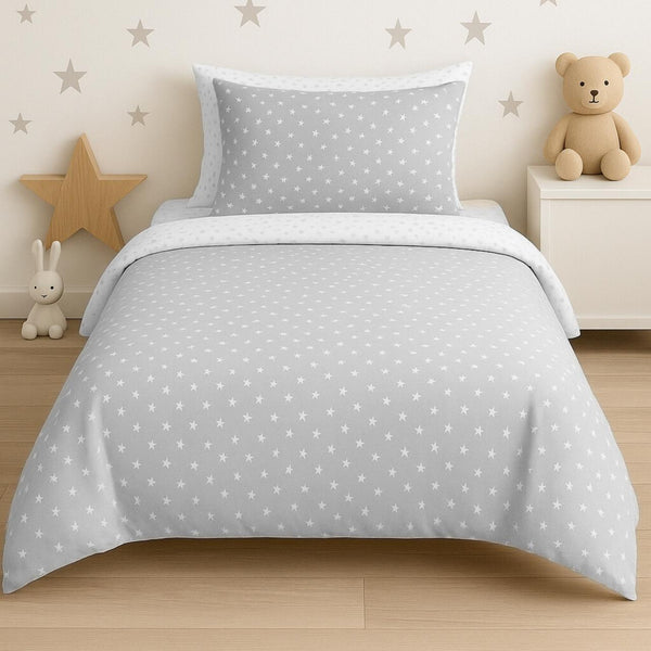 COMFYB 100% COTTON STARS REVERSIBLE BED SET 4 PIECES LIGHT GREY