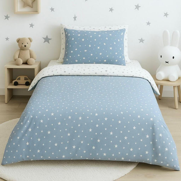 COMFYB 100% COTTON STARS REVERSIBLE BED SET 4 PIECES LIGHT BLUE