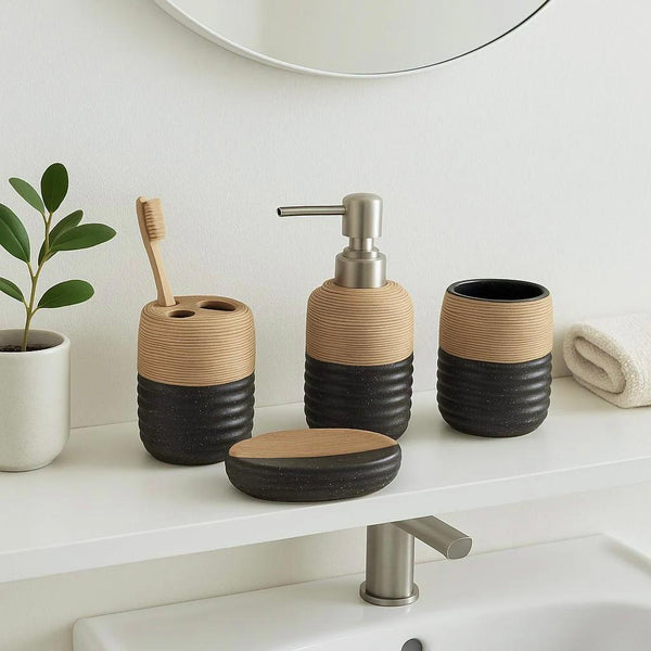 PORCELAIN BATHROOM SET 4 PIECES BLACK WITH WOOD TOP