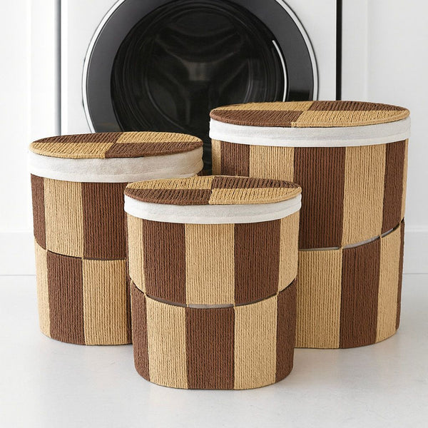 RNT LAUNDRY BASKET SET WITH LID BROWN
